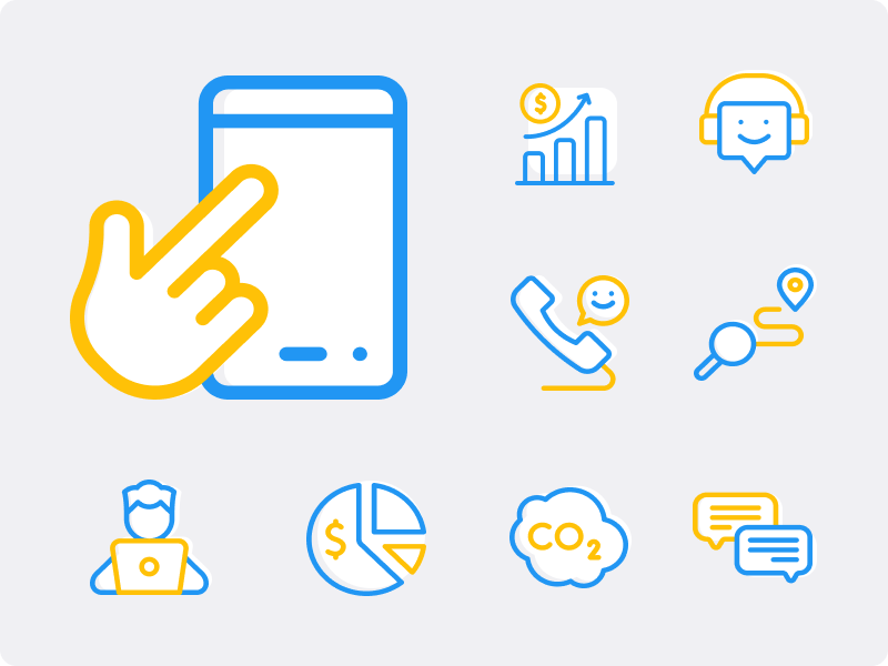 Icons für die Website in blau mit gelber Akzentfarbe