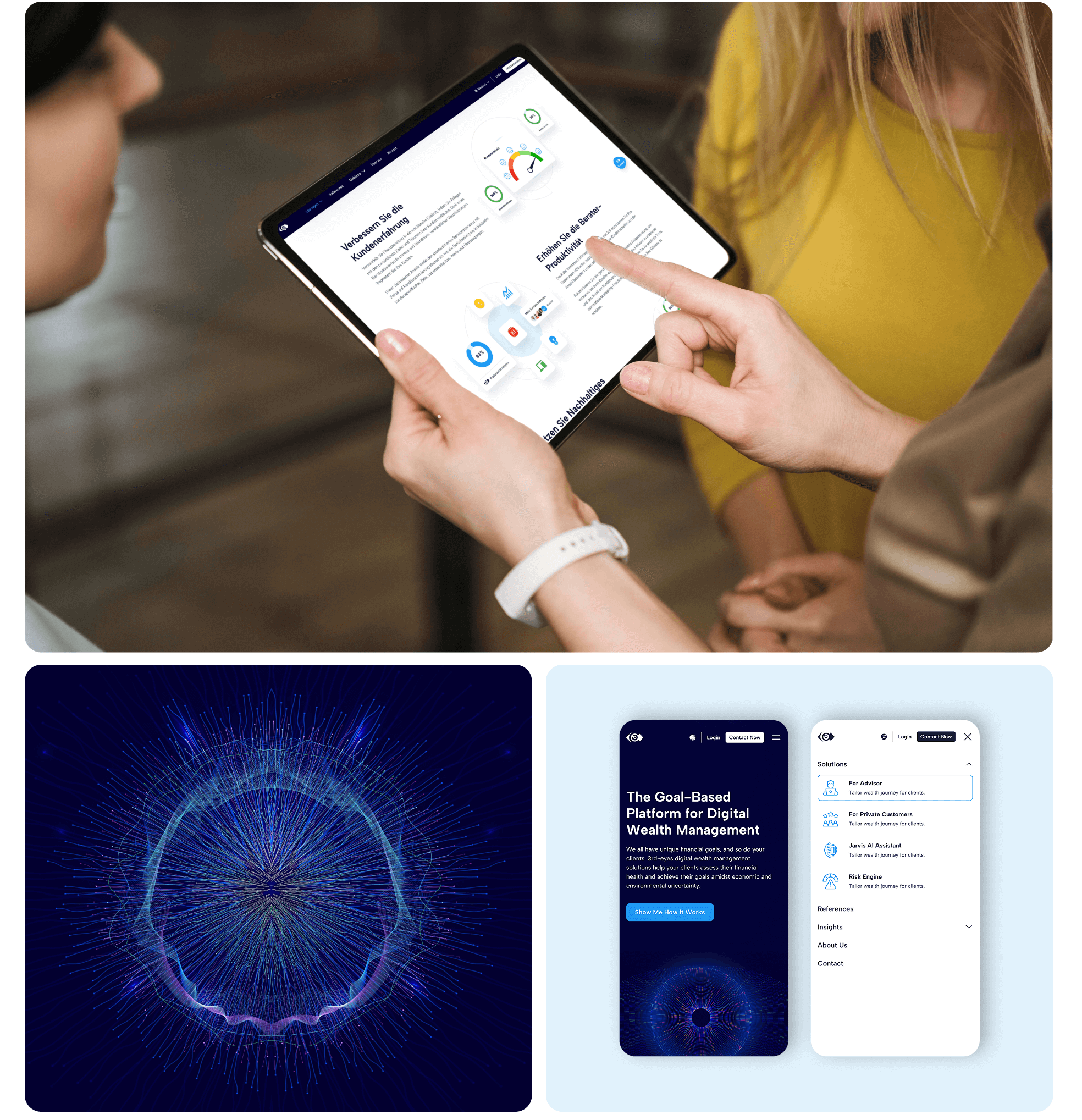 Mockup-collage: 1 Businessfrau scrolled auf einem iPad durch die Seite. 2 Ansicht der Grafik des dritten Auges. 3 Mockup der Website auf dem iPhone